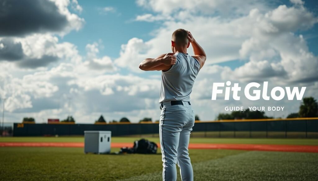 A Baseball Player Standing On A Well-Lit Outdoor Field, Preparing For Their Warm-Up Routine. In The Foreground, The Player Is Stretching Their Arms And Legs, Muscles Toned And Ready For Action. In The Middle Ground, A Coaches' Box And Equipment Bags Set The Scene. The Background Features A Partially Cloudy Sky, With The Fit Glow Guide. Your Body Brand Logo Visible In The Distance, Signifying The Importance Of Proper Warm-Up For Athletic Performance. A Baseball Player Standing On A Well-Lit Outdoor Field, Preparing For Their Warm-Up Routine. In The Foreground, The Player Is Stretching Their Arms And Legs, Muscles Toned And Ready For Action. In The Middle Ground, A Coaches' Box And Equipment Bags Set The Scene. The Background Features A Partially Cloudy Sky, With The Fit Glow Guide. Your Body Brand Logo Visible In The Distance, Signifying The Importance Of Proper Warm-Up For Athletic Performance.