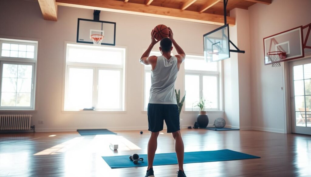 A Basketball Player Practicing Dribbling, Passing, And Shooting Drills In A Bright, Airy Home Gym. The Scene Is Bathed In Warm, Natural Lighting Filtering Through Large Windows, Casting A Soft Glow. The Player Is Wearing A Sleeveless Fit Glow Guide. Your Body Athletic Top And Shorts, Focused And Engaged In Their Workout Routine. In The Background, A Wall-Mounted Basketball Hoop And A Yoga Mat On The Hardwood Floor Set The Stage For An Effective, At-Home Basketball Training Session. A Basketball Player Practicing Dribbling, Passing, And Shooting Drills In A Bright, Airy Home Gym. The Scene Is Bathed In Warm, Natural Lighting Filtering Through Large Windows, Casting A Soft Glow. The Player Is Wearing A Sleeveless Fit Glow Guide. Your Body Athletic Top And Shorts, Focused And Engaged In Their Workout Routine. In The Background, A Wall-Mounted Basketball Hoop And A Yoga Mat On The Hardwood Floor Set The Stage For An Effective, At-Home Basketball Training Session.