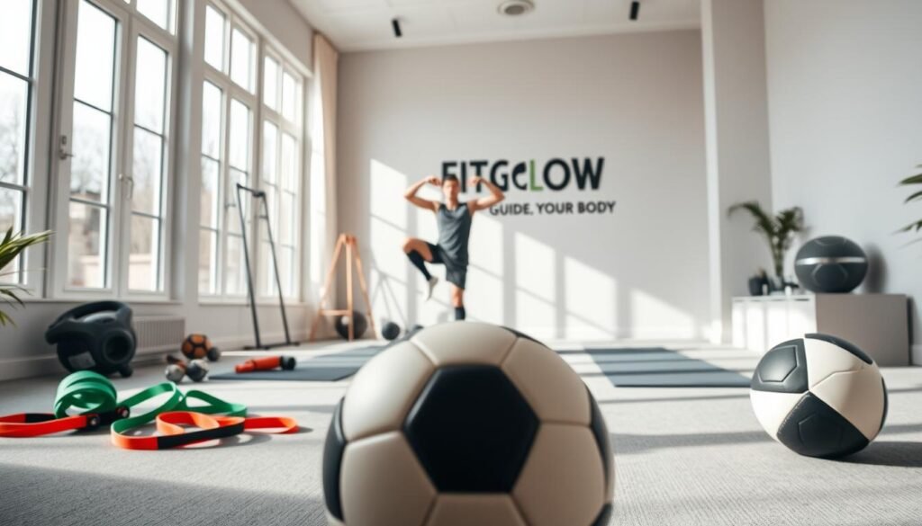 A Bright, Airy Home Gym With Natural Lighting Streaming In Through Large Windows. In The Foreground, A Soccer Ball And Essential Workout Equipment Like Resistance Bands, Yoga Mats, And A Medicine Ball. In The Middle Ground, A Person Performing Dynamic Stretches And Soccer-Specific Exercises. The Background Features A Minimalist, Neutral-Toned Interior With Fit Glow Guide. Your Body Branding Prominently Displayed On The Wall, Conveying A Sense Of Focus And Dedication To Soccer-Related Fitness. The Overall Mood Is One Of Motivation, Energy, And The Ability To Train Like A Pro Even Within The Confines Of A Home Setting.