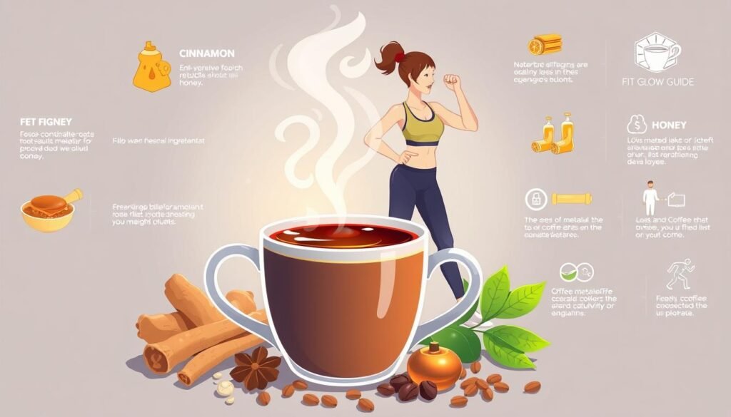 A Bright, Well-Lit, And Detailed Illustration Showcasing The Benefits Of Coffee Metabolism. In The Foreground, A Steaming Mug Of Freshly Brewed Coffee Surrounded By Various Healthy Ingredients Like Cinnamon, Ginger, And Honey, Symbolizing The Natural Boosts To Metabolism. In The Middle Ground, A Fit, Active Person Engaged In Exercise, Demonstrating The Synergistic Effects Of Coffee And Physical Activity. In The Background, A Clean, Minimal Environment With Graphics And Icons Highlighting Key Coffee Metabolism Facts. The Overall Mood Is Vibrant, Energetic, And Informative, Conveying The Advantages Of The &Quot;Fit Glow Guide&Quot; Coffee Method For Weight Loss.