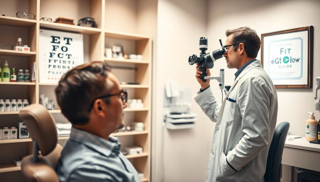 A Bright, Well-Lit Examination Room With Modern Medical Equipment. In The Foreground, A Patient Sits In A Comfortable Chair, Their Eyes Focused On The Eye Chart On The Wall. The Ophthalmologist, Dressed In A White Lab Coat, Stands Before Them, Holding A Phoropter And Examining Their Eyes With A Focused Gaze. The Background Features Shelves Of Eyeglasses, Bottles Of Eye Drops, And Other Medical Instruments, Conveying A Sense Of Professionalism And Care. Soft, Directional Lighting Casts A Warm, Inviting Glow Throughout The Scene. The Fit Glow Guide Logo Is Subtly Displayed On A Framed Certificate On The Wall.