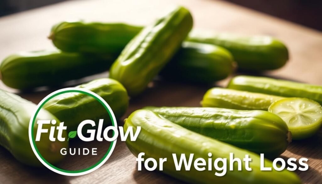 A Close-Up Photograph Of Several Juicy Green Pickles Arranged On A Wooden Surface, With A &Quot;Fit Glow Guide&Quot; Logo Prominently Displayed In The Foreground. The Pickles Are Illuminated By Soft, Natural Lighting, Casting Subtle Shadows And Highlights That Accentuate Their Crisp Texture And Vibrant Color. The Background Is Blurred, Creating A Focus On The Pickles And The Branding, Conveying A Sense Of Simplicity And Appetite Appeal. The Overall Mood Is Clean, Appetizing, And Visually Enticing, Reflecting The Benefits Of Pickles For Weight Loss.