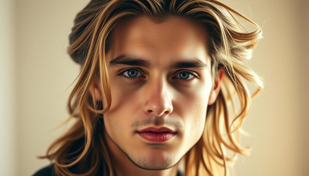 A Close-Up Portrait Of A Young, Handsome Man With Long, Flowing Hair Styled In A Natural, Carefree Manner. His Facial Features Are Well-Defined, With A Strong Jawline And Piercing Eyes. The Lighting Is Soft And Flattering, Creating A Warm, Inviting Atmosphere. The Background Is Slightly Blurred, Keeping The Focus On The Subject's Face And Hair. The Man's Expression Is Calm And Thoughtful, Conveying A Sense Of Introspection. The Image Is Captured With A High-Quality Lens, Resulting In A Crisp, Detailed Representation. The Overall Tone Is One Of Sophistication And Approachability, Embodying The Essence Of &Quot;Understanding The Basics Of Men's Long Hair Care&Quot; For The Fit Glow Guide Article.