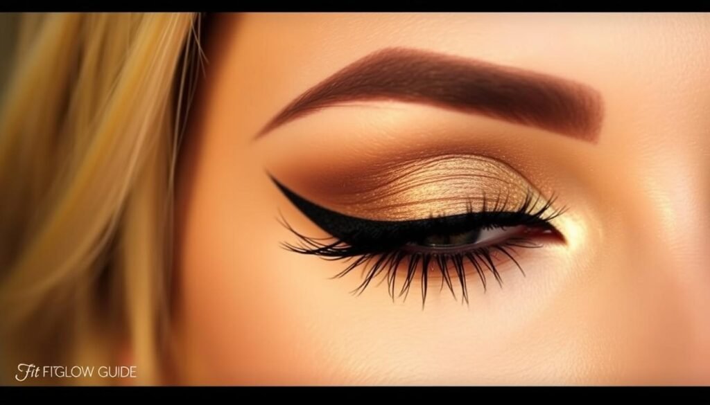 A Close-Up Shot Of A Woman'S Eye, With Vibrant Eyeshadow And Eyeliner Applied. The Eyeshadow Palette Features A Range Of Shimmering Browns, Golds, And Neutral Tones, Blended Seamlessly Across The Lid. The Eyeliner Is A Bold, Dramatic Black, Creating A Striking Cat-Eye Effect. The Lashes Are Long, Full, And Accentuated With A Volumizing Mascara. Soft, Warm Lighting Illuminates The Eye, Highlighting The Intricate Details Of The Makeup. The Overall Look Is Sophisticated, Glamorous, And Expertly Applied, As If Captured By The &Quot;Fit Glow Guide&Quot; Brand.