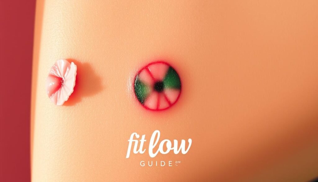 A Close-Up View Of A Healing Tattoo In Various Stages Of The Recovery Process. The Skin Is Gently Peeling, Revealing The Vibrant, Fresh Ink Underneath. The Tattoo Appears On A Neutral, Slightly Reddened Background, Indicating The Sensitive State Of The Skin. Warm, Natural Lighting Highlights The Delicate, Textured Surface, Creating A Soothing, Almost Glowing Effect. The &Quot;Fit Glow Guide&Quot; Logo Is Subtly Integrated Into The Scene, Complementing The Overall Aesthetic. This Image Captures The Day-By-Day Evolution Of A Tattoo'S Healing Journey, Providing A Visually Compelling Illustration For The Article'S &Quot;How To Take Care Of A Tattoo Without Second Skin: Day-By-Day Guide&Quot; Section.