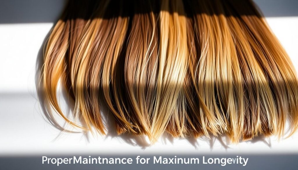 A Closeup View Of Long, Lush Human Hair Extensions Meticulously Arranged On A Clean, Well-Lit Surface. The Extensions Appear Healthy, Shiny, And Full Of Volume, With Strands Of Varying Lengths And Hues To Create A Natural, Blended Appearance. The Lighting Is Soft And Flattering, Casting Delicate Shadows That Accentuate The Individual Strands And Texture. The Background Is Slightly Out Of Focus, Creating A Sense Of Depth And Emphasizing The Hair As The Focal Point. The Overall Mood Is One Of Elegance, Care, And Attention To Detail, Perfectly Capturing The &Quot;Proper Maintenance For Maximum Longevity&Quot; Concept. Fit Glow Guide