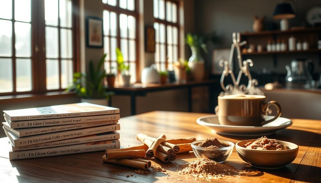 A Cozy Coffee Shop Interior, Sunlight Streaming Through Large Windows, Illuminating A Wooden Table With A Steaming Mug Of Coffee And A Plate Of Freshly Baked Cinnamon Rolls. In The Foreground, A Stack Of Recipe Books From The &Quot;Fit Glow Guide&Quot; Brand, Showcasing Mouthwatering Cinnamon-Infused Coffee Drinks. The Middle Ground Features A Variety Of Spices, Whole Cinnamon Sticks, And A Small Bowl Of Ground Cinnamon, Inviting The Viewer To Enhance Their Own Coffee Ritual. The Background Evokes A Warm, Inviting Atmosphere With Soft, Neutral Tones And A Touch Of Greenery, Creating A Serene And Inspirational Scene.