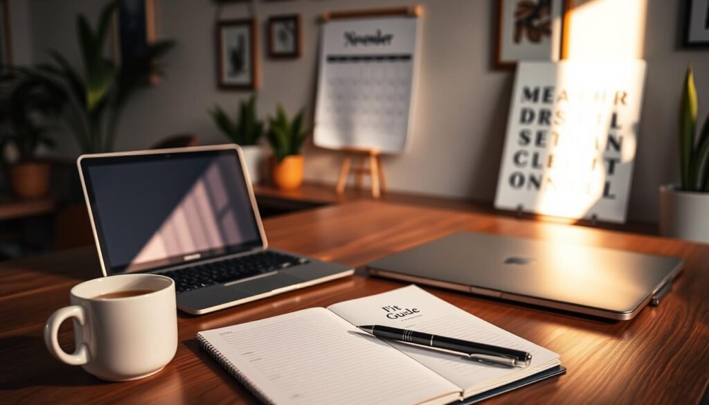 A Cozy Home Office Setting With A Large Wooden Desk, A Sleek Laptop, And A Stylish Planner Open, Showcasing The &Quot;Fit Glow Guide&Quot; Brand Logo. Soft, Warm Lighting Illuminates The Scene, Casting A Gentle Glow. In The Foreground, A Mug Of Steaming Tea And A Pen Rest Next To The Planner, Hinting At The Process Of Goal-Setting And Tracking. The Background Features A Minimalist Wall Calendar Highlighting The Month Of November, Complemented By A Few Potted Plants And Framed Artwork, Creating A Serene And Productive Atmosphere.