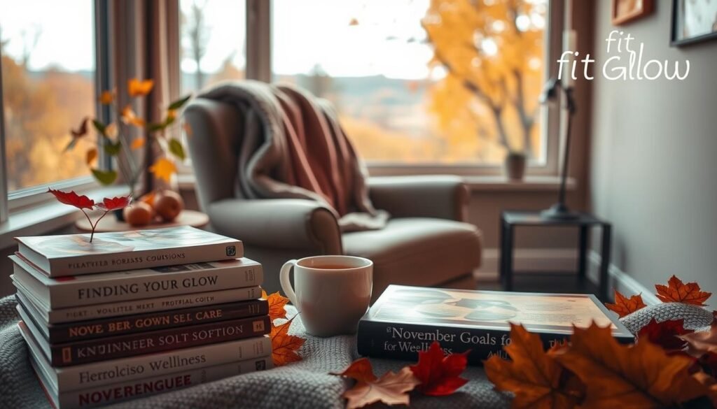 A Cozy, Well-Lit Reading Nook With A Stack Of Books, Autumn Leaves, And A Mug Of Hot Tea. In The Foreground, A Selection Of Books With Titles Related To Personal Growth And Self-Care, Such As &Quot;Finding Your Glow&Quot; And &Quot;November Goals For Wellness&Quot;. In The Middle Ground, A Soft, Inviting Armchair With A Plush Throw Blanket. In The Background, A Large Window Overlooking A Serene Autumn Landscape, With Warm Lighting And A Hint Of The &Quot;Fit Glow Guide&Quot; Branding Visible.