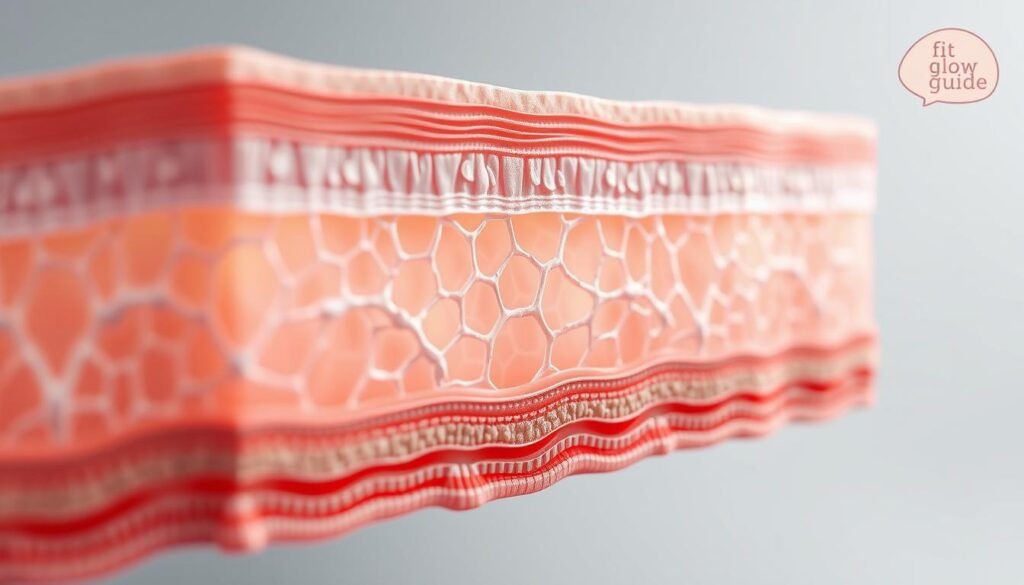 A Detailed Cross-Section Of The Skin, Showcasing The Intricate Structure Of Collagen Fibers And Their Role In Skin Elasticity. The Image Should Have A Clean, Scientific Aesthetic, With A Neutral Color Palette And A Focus On The Technical Aspects Of The Subject Matter. Utilize Crisp, High-Resolution Rendering To Capture The Microscopic Details Of The Collagen Matrix And Its Interaction With The Epidermis And Dermis Layers. Incorporate Subtle Lighting And Depth-Of-Field Effects To Create A Sense Of Depth And Dimensionality. The Overall Tone Should Be Educational And Informative, Aligning With The &Quot;Fit Glow Guide&Quot; Brand Identity.