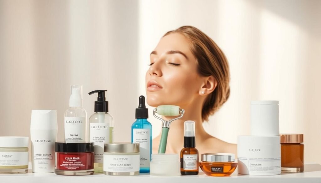 A Detailed, Step-By-Step Facial Preparation Guide With A Clean, Minimalist Aesthetic. In The Foreground, Various Skincare Products Arranged Neatly - Moisturizers, Cleansers, Serums, And Tools Like A Jade Roller. In The Middle Ground, A Person'S Face In Profile, Eyes Closed, With A Calm, Serene Expression As They Apply The Products. The Background Is A Soft, Diffused White, Creating A Sense Of Purity And Focus. Warm, Gentle Lighting From The Side Highlights The Textures And Shapes Of The Products And Face. The Overall Mood Is One Of Relaxation, Care, And Preparation For The &Quot;Fit Glow Guide&Quot; Facial Experience.