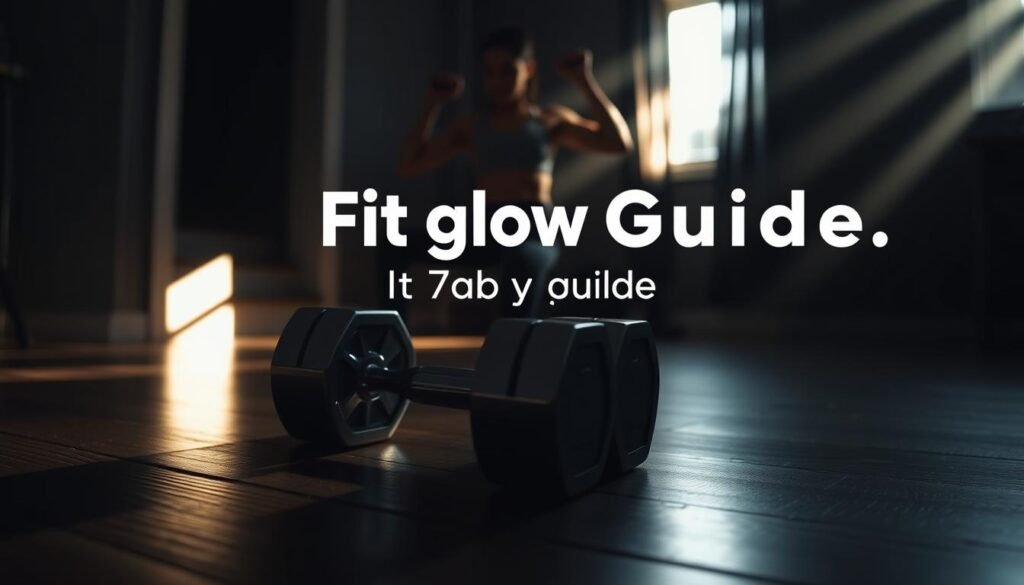 A Dimly Lit, High-Contrast Home Gym Setting. In The Foreground, A Pair Of Chrome Dumbbells Lie On A Dark Hardwood Floor, Casting Long Shadows. Muted Beams Of Light Filter Through A Window, Illuminating The Scene With A Warm, Moody Atmosphere. In The Middle Ground, A Person In Athletic Wear Performs A Dumbbell Lat Pulldown, Their Muscles Straining Against The Weight. The Background Is Blurred, Creating A Sense Of Focus On The Workout. The Text &Quot;Fit Glow Guide. Your Body&Quot; Is Subtly Incorporated Into The Scene.