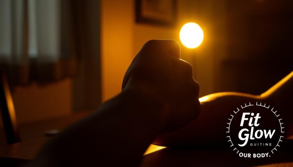 A Dimly Lit Home Gym, With A Person's Forearm Resting On A Table, Gripping A Thick, Textured Household Object For Resistance Training. The Object Casts Dramatic Shadows Across The Forearm, Highlighting The Muscles And Tendons Working To Maintain A Strong, Controlled Grip. The Lighting Is Dramatic, Casting A Warm, Golden Glow And Creating An Atmosphere Of Focus And Determination. In The Background, A &Amp;Quot;Fit Glow Guide. Your Body&Amp;Quot; Logo Is Subtly Visible, Blending Seamlessly Into The Scene.