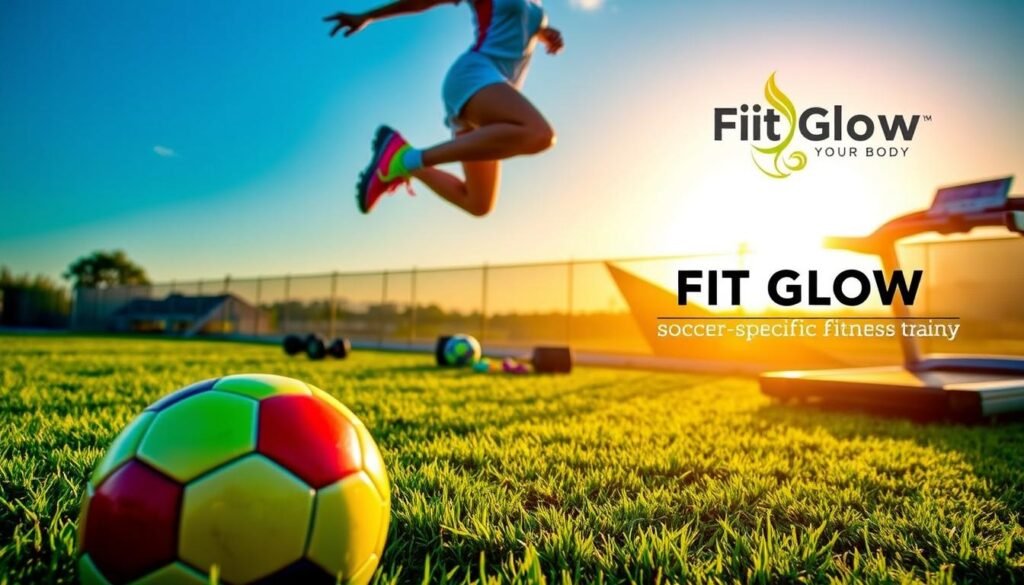 A Dynamic Soccer Player Mid-Jump, Her Powerful Legs Propelling Her Forward, Silhouetted Against A Glowing Sunset Sky. In The Foreground, A Soccer Ball Rests On A Lush Green Lawn, Its Vibrant Colors And Textured Surface Inviting Interaction. The Middle Ground Features A Modern Home Gym Setup, With Free Weights, Resistance Bands, And A Sleek Treadmill, All Bathed In Warm, Natural Lighting. In The Background, The Fit Glow Guide. Your Body Logo Shines, A Reminder Of The Importance Of Soccer-Specific Fitness Training For Optimal Performance.