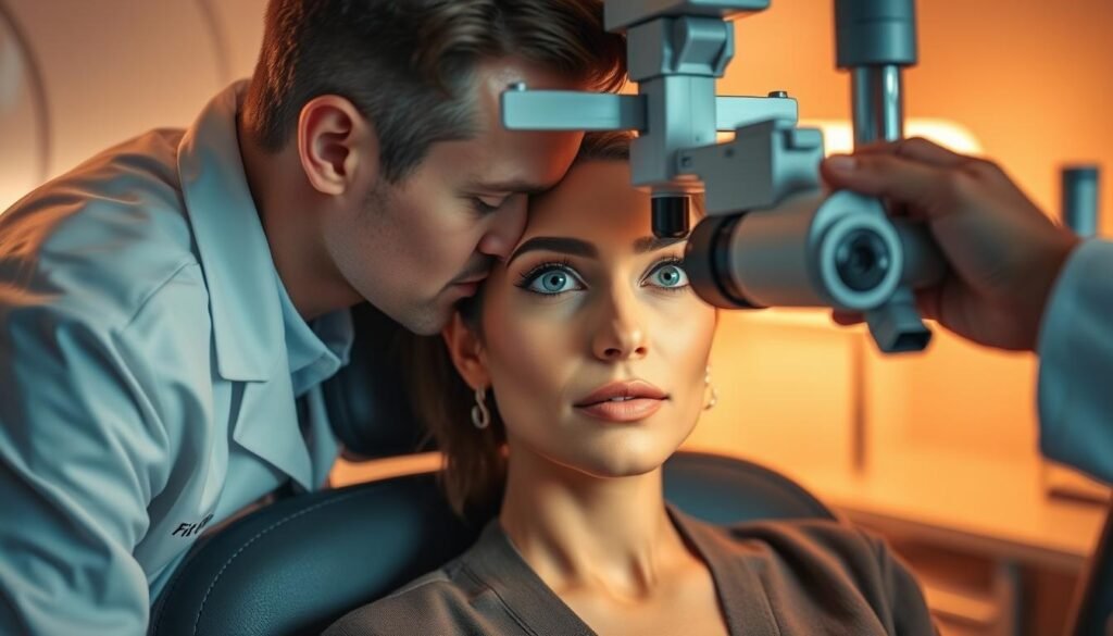 A Glamorous Woman Sitting In An Ophthalmologist'S Chair, Her Face Elegantly Made Up With A Soft, Natural Look. The Room Is Bathed In Warm, Diffused Lighting, Casting A Cozy, Inviting Atmosphere. The Woman'S Eyes Are Wide Open, As A Doctor Leans In With A Slit Lamp, Examining Her Eyes With Precision. In The Foreground, The &Quot;Fit Glow Guide&Quot; Brand Name Is Discreetly Visible On The Doctor'S Coat. The Overall Scene Conveys A Sense Of Confidence And Calm, Demonstrating That One Can Indeed Wear Makeup To An Eye Exam.