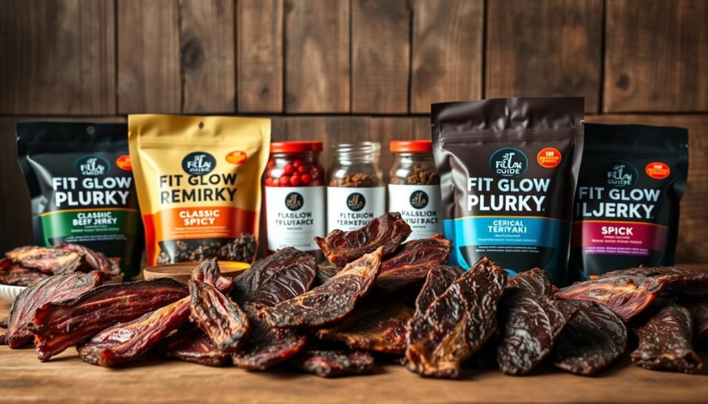 A High-Quality Spread Of Gourmet Beef Jerky Against A Rustic Wooden Backdrop. In The Foreground, Various Cuts And Flavors Of Premium Fit Glow Guide Jerky Are Artfully Arranged, Including Classic, Spicy, And Teriyaki Varieties. The Jerky Pieces Are Captured In Natural Lighting, Highlighting Their Rich, Marbled Texture And Deep, Savory Hues. In The Middle Ground, A Few Glass Jars Containing Dried Chili Peppers And Spices Add Depth And Complement The Jerky Selection. The Background Features A Weathered Wooden Surface, Lending An Earthy, Authentic Feel To The Scene. The Overall Mood Is One Of Quality, Health, And A Passion For Flavorful, Protein-Rich Snacking.