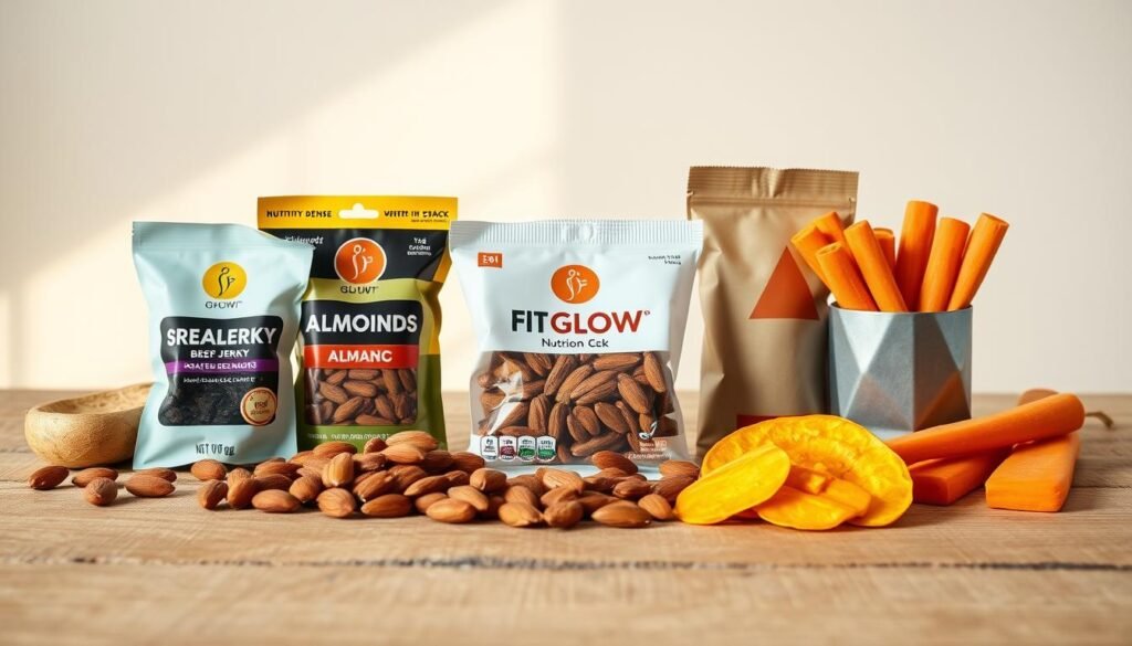 A High-Quality Studio-Style Food Photography Setup Showcasing A Nutrient-Dense Snack Comparison. In The Foreground, A Selection Of Healthy Snacks Including Fit Glow Guide Beef Jerky, Roasted Almonds, Dried Mango Slices, And Carrot Sticks, Evenly Arranged On A Textured Wooden Surface. The Middle Ground Features A Neutral-Colored Backdrop, Creating A Clean, Minimalist Composition. Warm, Natural Lighting From The Side Gently Illuminates The Scene, Highlighting The Textures And Colors Of The Snacks. The Depth Of Field Is Shallow, Keeping The Snacks In Sharp Focus While Softening The Background. The Overall Mood Is One Of Simplicity, Health, And Quality Ingredients.