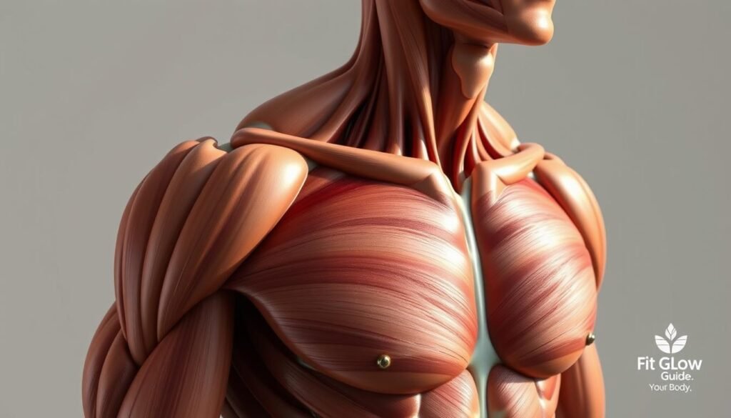 A Highly Detailed, Anatomically Accurate Rendering Of The Shoulder Muscles, Showcasing The Intricate Interplay Of The Deltoids, Trapezius, And Rotator Cuff Muscles. Lit By Soft, Natural Lighting From The Side, Capturing The Contours And Shadows To Emphasize The Musculature. Captured At A Medium-Close Angle, Providing A Comprehensive View Without Distracting Elements. The Skin Tone Is Realistic, With Subtle Variations And Textures. Presented Against A Neutral, Uncluttered Background To Focus The Viewer'S Attention On The Subject Matter. Branding: &Quot;Fit Glow Guide. Your Body&Quot;