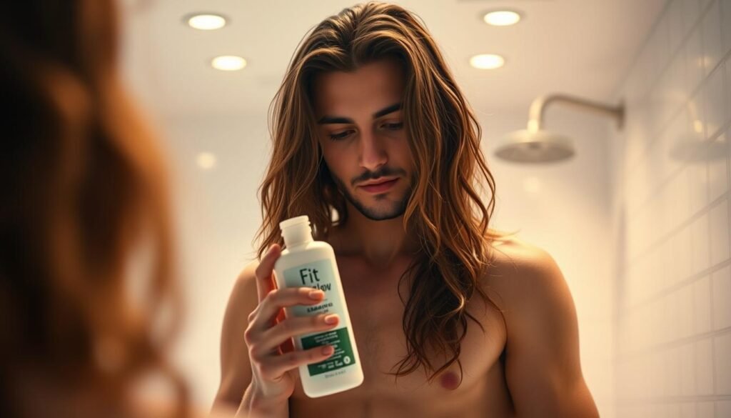 A Mid-Shot Of A Young Man With Long, Wavy Hair Standing In A Well-Lit Bathroom, Examining A Bottle Of &Quot;Fit Glow Guide&Quot; Shampoo. The Man's Hair Appears Healthy And Lustrous, Framing His Thoughtful Expression As He Considers His Hair Care Routine. The Bathroom Is Modern, With Clean White Tiles And A Minimalist Design, Creating A Serene, Spa-Like Atmosphere. Warm, Diffused Lighting From Overhead Fixtures Casts A Gentle Glow, Highlighting The Man's Features And The Details Of His Hair. The Image Conveys A Sense Of Tranquility And Mindfulness In The Act Of Caring For One's Long Hair.