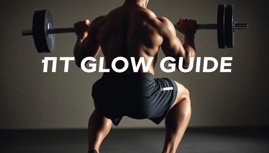 A Muscular Person In Athletic Wear Performing A Barbell Squat With Proper Form, Shot From An Angle Highlighting The Alignment Of The Spine, Hips, And Knees. The Subject Is Illuminated By Soft, Directional Lighting Creating Dramatic Shadows, Giving The Image A Professional, Editorial Feel. The Background Is Blurred, Keeping The Focus On The Exercise Technique. &Quot;Fit Glow Guide. Your Body&Quot;