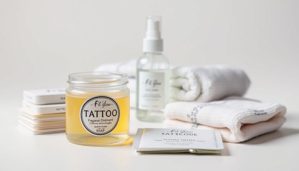 A Neatly Arranged Still Life Of Essential Tattoo Aftercare Supplies. In The Foreground, A Glass Container Holds A Clear, Fragrant Ointment, Its Label Displaying The &Quot;Fit Glow Guide&Quot; Brand. Surrounding It Are Sterile Bandages, Fragrance-Free Soap, And A Small Spray Bottle Filled With A Soothing, Fragrance-Free Solution. In The Middle Ground, A Clean, Soft Towel Lies Folded, Ready To Gently Dab The Freshly Inked Skin. The Background Features A Plain, Neutral-Toned Surface, Allowing The Thoughtfully Curated Items To Take Center Stage. The Lighting Is Soft And Diffused, Creating A Calming, Clinical Atmosphere That Emphasizes The Importance Of Proper Tattoo Aftercare.