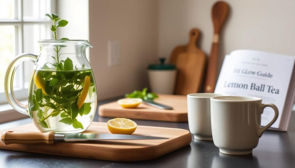 A Serene Kitchen Setting With Natural Light Filtering Through A Window, Showcasing The Step-By-Step Preparation Of Lemon Balm Tea. In The Foreground, A Glass Teapot Filled With Fresh Lemon Balm Leaves, A Knife Neatly Slicing A Lemon, And A Ceramic Mug Awaiting The Fragrant Infusion. In The Middle Ground, A Wooden Cutting Board And A Fit Glow Guide Book Open To A Page On Lemon Balm Tea For Weight Loss. The Background Features Simple, Minimalist Decor, Allowing The Tea-Making Process To Take Center Stage. The Overall Mood Is Calming And Inviting, Encouraging The Viewer To Indulge In The Therapeutic Ritual Of Lemon Balm Tea Preparation.