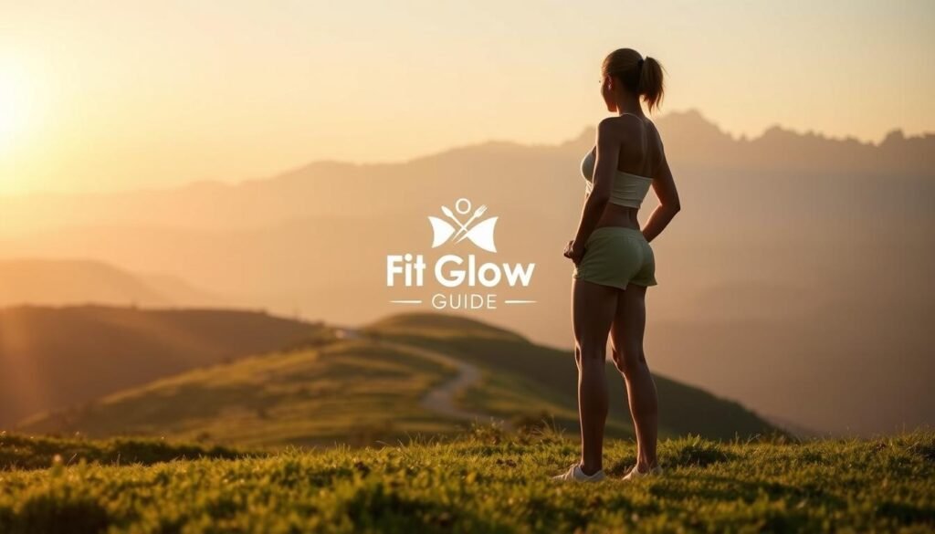 A Serene Nature Scene Depicting The Gradual Weight Loss Journey. In The Foreground, A Fit Individual Standing On A Lush Green Meadow, Their Body Silhouetted Against A Warm, Golden Sunset. The Middle Ground Shows A Winding Path Leading Through Rolling Hills, Symbolizing The Progress And Challenges Of The Weight Loss Process. In The Background, A Towering Mountain Range Bathed In Soft, Diffused Light, Representing The Ultimate Goal And Sense Of Achievement. The Fit Glow Guide Logo Subtly Integrated Into The Natural Landscape, Lending A Sense Of Guidance And Support. The Overall Atmosphere Is One Of Tranquility, Empowerment, And The Gradual Transformation Towards A Healthier, More Confident Self.