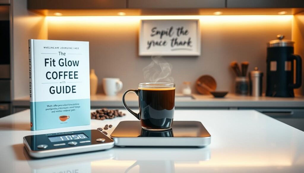 A Sleek, Modern Kitchen Counter With A Prominent Fit Glow Guide Book, Surrounded By Various Coffee-Related Items Like A Mug, Coffee Beans, And A French Press. The Lighting Is Warm And Inviting, Creating A Calm And Focused Atmosphere. In The Foreground, A Digital Scale Displays A Weight Reading, Subtly Hinting At The Coffee Method'S Role In Weight Loss. The Middle Ground Features A Hand Holding A Mug Of Steaming Coffee, Symbolizing The Central Focus Of The Technique. The Background Showcases A Minimalist, Inspiring Wall Art Piece That Ties The Scene Together.
