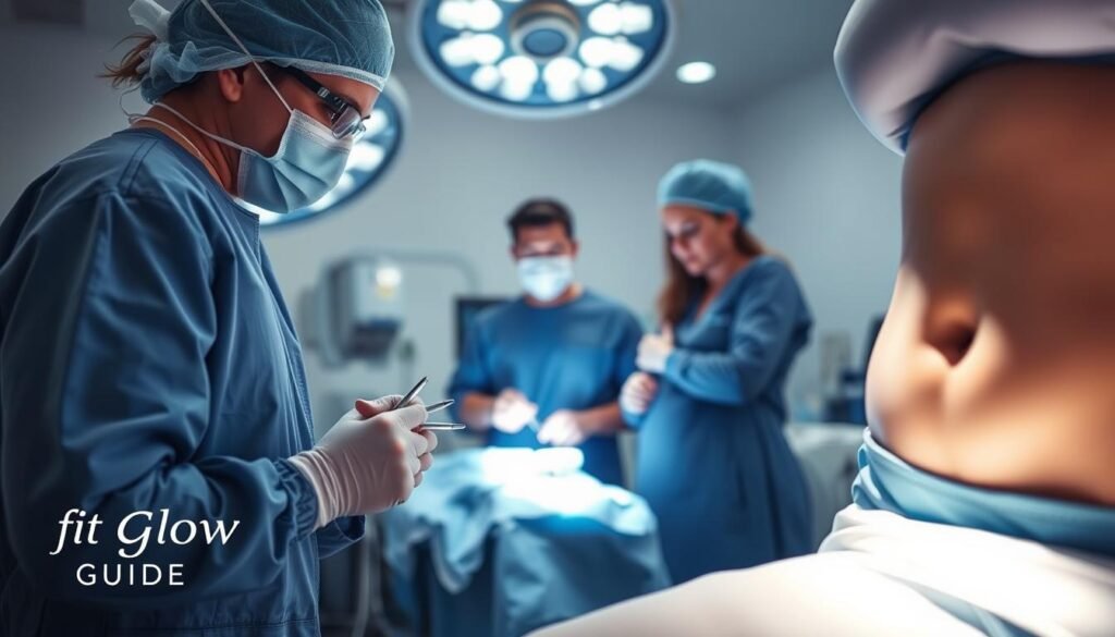 A Surgical Suite With A Patient Undergoing A Tummy Tuck Revision Procedure. In The Foreground, A Skilled Surgeon Carefully Examines The Patient's Midsection, Surgical Tools At The Ready. Soft, Directional Lighting Illuminates The Scene, Casting Subtle Shadows That Accentuate The Contours Of The Body. In The Middle Ground, Medical Assistants Monitor The Patient's Vital Signs, Their Faces Focused And Attentive. The Background Is A Clean, Sterile Environment, With Gleaming Medical Equipment And A Sense Of Professional Calm. The Fit Glow Guide Logo Is Subtly Present, Conveying The Authoritative Expertise Of The Publication. A Surgical Suite With A Patient Undergoing A Tummy Tuck Revision Procedure. In The Foreground, A Skilled Surgeon Carefully Examines The Patient's Midsection, Surgical Tools At The Ready. Soft, Directional Lighting Illuminates The Scene, Casting Subtle Shadows That Accentuate The Contours Of The Body. In The Middle Ground, Medical Assistants Monitor The Patient's Vital Signs, Their Faces Focused And Attentive. The Background Is A Clean, Sterile Environment, With Gleaming Medical Equipment And A Sense Of Professional Calm. The Fit Glow Guide Logo Is Subtly Present, Conveying The Authoritative Expertise Of The Publication.