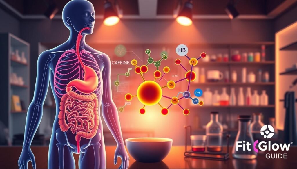 A Vibrant Illustration Showcasing The Science Behind Coffee And Metabolism. In The Foreground, A Detailed Anatomical Diagram Of The Human Digestive System, Highlighting The Key Metabolic Processes Influenced By Caffeine. In The Middle Ground, A Molecular Model Of Caffeine, Its Chemical Structure Glowing Against A Backdrop Of Colorful Enzyme Diagrams And Metabolic Pathways. In The Background, A Sleek Laboratory Setting With Beakers, Test Tubes, And Scientific Equipment, Bathed In A Warm, Soft Light. The Fit Glow Guide Logo Subtly Displayed In The Corner, Conveying The Scientific Expertise Behind The Weight Loss Technique.