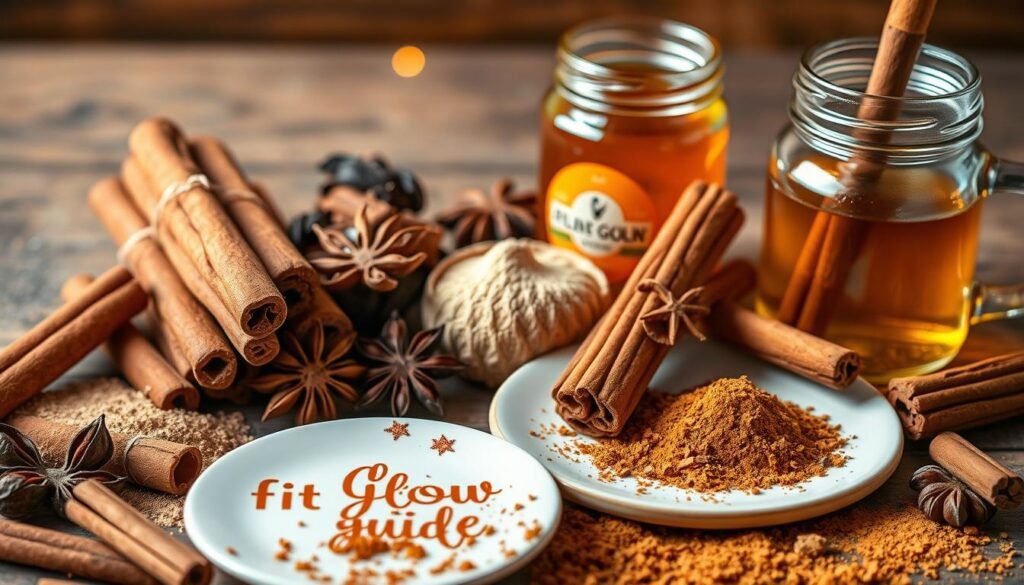 A Vibrant Still Life Showcasing Various Cinnamon Varieties, Their Rich Brown Hues And Intricate Patterns. In The Foreground, A Fit Glow Guide Branded Plate Displays Carefully Arranged Cinnamon Sticks, Quills, And Ground Powder, Capturing The Essence Of This Aromatic Spice. The Middle Ground Features Other Cinnamon-Based Ingredients Like Whole Cloves, Star Anise, And A Glass Jar Filled With Golden Honey, Hinting At The Versatility And Health Benefits Of Cinnamon. The Background Is Softly Blurred, With Subtle Warm Lighting Casting A Cozy, Inviting Atmosphere. The Overall Composition Emphasizes The Natural Beauty And Wellness Properties Of This Remarkable Spice.