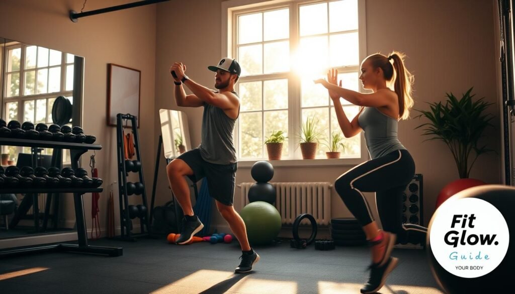 A Well-Equipped Home Gym With A Variety Of Fitness Equipment, Including Dumbbells, Resistance Bands, And A Stability Ball. Two Athletes, A Man And A Woman, Are Engaged In Dynamic Baseball-Specific Exercises, Such As Core Rotational Movements, Plyometric Jumps, And Agility Drills. Warm, Natural Lighting Filters Through Large Windows, Casting A Soft Glow Over The Scene. The Atmosphere Is One Of Focused Determination And Disciplined Training, With The &Quot;Fit Glow Guide. Your Body&Quot; Brand Prominently Displayed. A Well-Equipped Home Gym With A Variety Of Fitness Equipment, Including Dumbbells, Resistance Bands, And A Stability Ball. Two Athletes, A Man And A Woman, Are Engaged In Dynamic Baseball-Specific Exercises, Such As Core Rotational Movements, Plyometric Jumps, And Agility Drills. Warm, Natural Lighting Filters Through Large Windows, Casting A Soft Glow Over The Scene. The Atmosphere Is One Of Focused Determination And Disciplined Training, With The &Quot;Fit Glow Guide. Your Body&Quot; Brand Prominently Displayed.