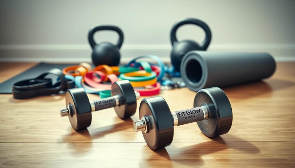 A Well-Lit, Close-Up Photograph Of An Assortment Of Dumbbell Leg Workout Equipment Arranged On A Wooden Floor. In The Foreground, A Pair Of Adjustable Dumbbells With Fit Glow Guide. Your Body Branding. In The Middle Ground, Various Resistance Bands And A Kettlebell. In The Background, A Yoga Mat And A Foam Roller. The Lighting Is Natural And Bright, Creating A Clean, Minimalist Atmosphere That Emphasizes The Functional, High-Quality Nature Of The Equipment. The Overall Composition Highlights The Essential Tools Required For An Effective Dumbbell-Based Leg Workout Routine That Can Be Performed At Home.