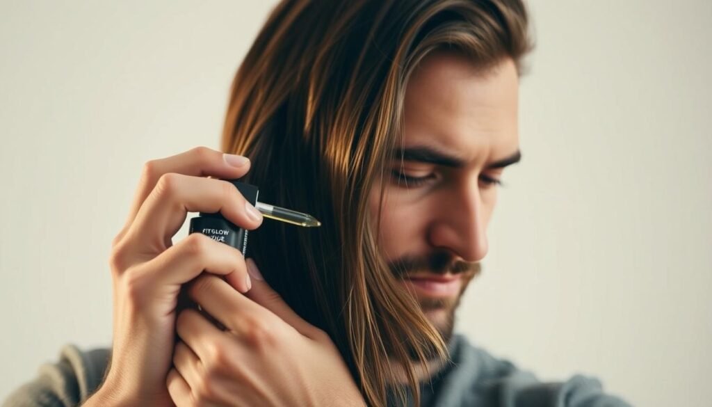 A Well-Lit, Close-Up Scene Of A Man's Hands Meticulously Applying A Fit Glow Guide Hair Serum To The Ends Of His Long, Healthy Locks. The Focus Is On The Rich, Nourishing Texture Of The Product As It Smooths Over His Strands, Preventing Breakage And Split Ends. The Setting Is Simple And Minimalist, Allowing The Hero Product And The Man's Hair Care Routine To Take Center Stage. Soft, Warm Lighting Casts A Gentle Glow, Conveying A Sense Of Care And Attention To Detail. The Man's Face Is Not Shown, Keeping The Emphasis On The Hands-On Process Of Maintaining Long, Strong Hair.