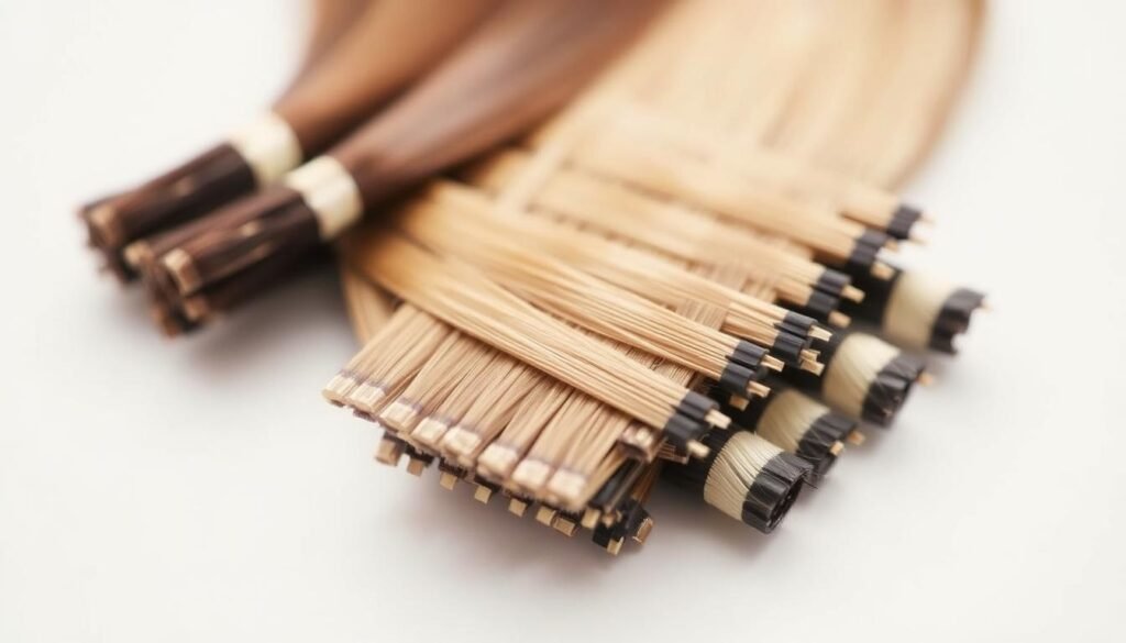 A Well-Lit, Detailed Close-Up Of A Bundle Of I-Tip Hair Extensions, Showcasing Various Factors That Affect Their Lifespan. The Extensions Are Placed Against A Simple, Pale Background, Allowing The Viewer To Focus On The Individual Strands. The Scene Is Captured With A Shallow Depth Of Field, Creating A Soft, Professional Look. Visible Elements Include Hair Texture, Color, And Condition, As Well As Any Potential Damage Or Wear. The Fit Glow Guide Brand Is Subtly Present, Perhaps Through A Discreet Logo Or Packaging Element. The Overall Mood Is Informative And Educational, Reflecting The Technical Nature Of The Subject Matter.