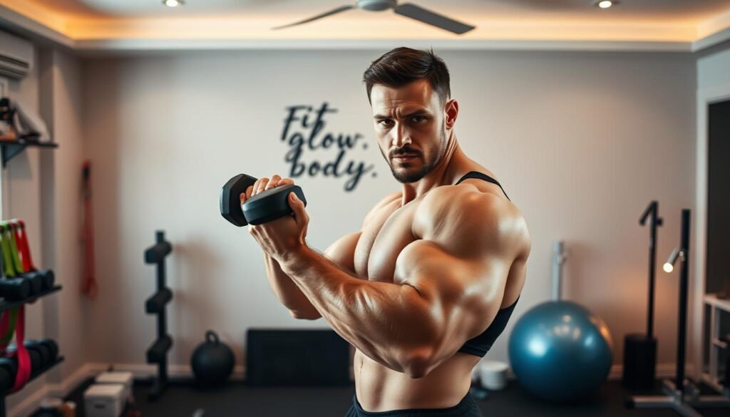 A Well-Lit Home Gym Set-Up With Various Fitness Equipment And Weights. In The Foreground, A Muscular Man Performs A Bicep Curl Using A Pair Of Dumbbells With A Serious Expression, Showcasing The Benefits Of At-Home Bicep Workouts. The Middle Ground Features Additional Equipment Like Resistance Bands, A Yoga Mat, And A Stability Ball. The Background Has Inspirational Quote Wall Art That Reads &Quot;Fit Glow Guide. Your Body&Quot; In A Modern, Minimalist Style. The Overall Atmosphere Is Motivational, With Warm Lighting And A Clean, Organized Space. A Well-Lit Home Gym Set-Up With Various Fitness Equipment And Weights. In The Foreground, A Muscular Man Performs A Bicep Curl Using A Pair Of Dumbbells With A Serious Expression, Showcasing The Benefits Of At-Home Bicep Workouts. The Middle Ground Features Additional Equipment Like Resistance Bands, A Yoga Mat, And A Stability Ball. The Background Has Inspirational Quote Wall Art That Reads &Quot;Fit Glow Guide. Your Body&Quot; In A Modern, Minimalist Style. The Overall Atmosphere Is Motivational, With Warm Lighting And A Clean, Organized Space.