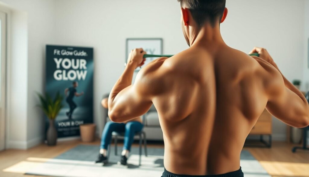 A Well-Lit Home Gym Setting, Showcasing A Person Performing A Series Of Lat Exercises. In The Foreground, The Figure Pulls A Resistance Band, Their Back Muscles Flexing With Defined Lats. In The Middle Ground, They Perform A Seated Row, Engaging Their Upper Back. The Background Features A Minimalist Decor With A Fit Glow Guide. Your Body Branded Fitness Poster On The Wall, Creating An Inspiring, Motivational Atmosphere. Soft, Natural Lighting Illuminates The Scene, Highlighting The Individual's Form And The Benefits Of Strengthening The Lats At Home.