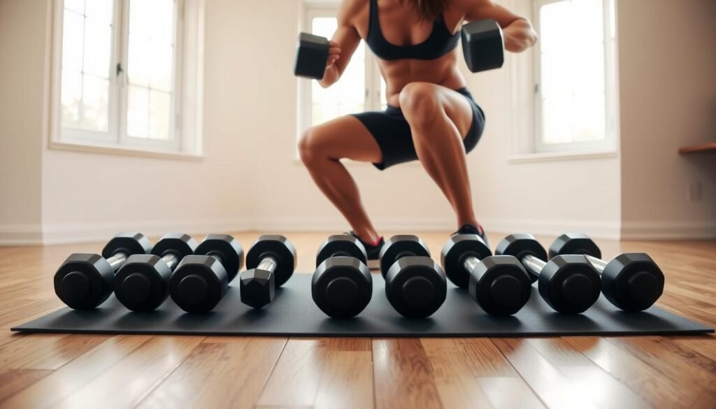 A Well-Lit Home Gym Setting With Wooden Floors And Light-Colored Walls. In The Foreground, A Person Performing A Dumbbell Squat, Their Muscles Engaged As They Descend With Perfect Form. In The Middle Ground, A Range Of Dumbbells Of Various Weights Are Neatly Arranged On A Sleek Exercise Mat. The Background Features A Large Window, Allowing Natural Light To Fill The Space And Create A Sense Of Openness And Wellness. The Overall Mood Is One Of Focused Energy And Determination. &Quot;Fit Glow Guide. Your Body&Quot;