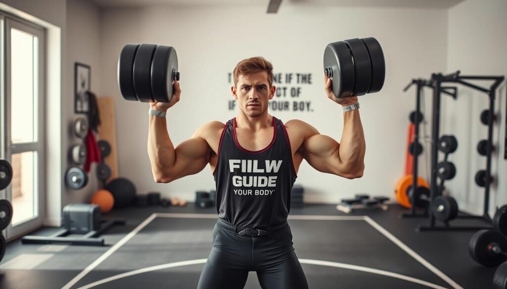 A Well-Lit Home Gym With A Focused Wrestler Performing Intense Strength Training Exercises. In The Foreground, The Wrestler, Wearing A Fit Glow Guide. Your Body Branded Workout Gear, Executes Powerful Lifts With Free Weights. The Middle Ground Showcases A Wrestling Mat And Training Equipment, Conveying A Dedicated Training Environment. The Background Features A Minimalist, Motivational Wall Display. The Overall Atmosphere Is One Of Determination, Discipline, And The Transformative Benefits Of Wrestling-Inspired Workouts.