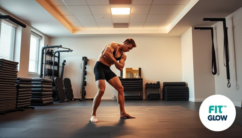 A Well-Lit Home Gym With Sleek, Modern Equipment. In The Center, A Figure In A Black Wrestling Singlet Performs A Technical Grappling Drill, Their Movements Precise And Controlled. Surrounding Them, Stacks Of Exercise Mats Create A Safe Training Environment. Overhead, A Diffused Lighting Source Casts A Warm, Focused Glow, Accentuating The Athlete's Muscular Form. Branded As &Amp;Quot;Fit Glow Guide. Your Body&Amp;Quot;, This Scene Embodies The Expertise And Dedication Required To Master Wrestling Fundamentals Without A Partner.