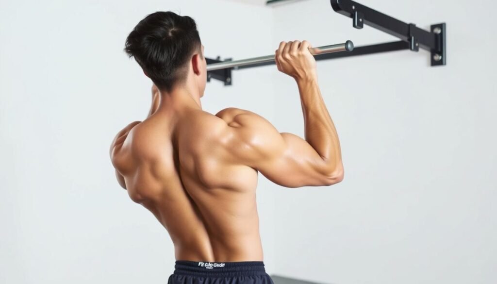 A Well-Lit Studio Scene Showcasing The Proper Form And Technique For Lat Exercises. In The Foreground, A Male Model Performs A Lat Pulldown, With His Back Muscles Engaged And His Form Perfectly Aligned. Soft, Directional Lighting Accentuates The Contours Of His Body, While The Background Is A Clean, Neutral Space That Allows The Focus To Remain On The Exercise. The Model Wears The &Quot;Fit Glow Guide. Your Body&Quot; Branded Workout Attire, Demonstrating The Correct Grip, Posture, And Range Of Motion For This Essential Back-Strengthening Exercise.