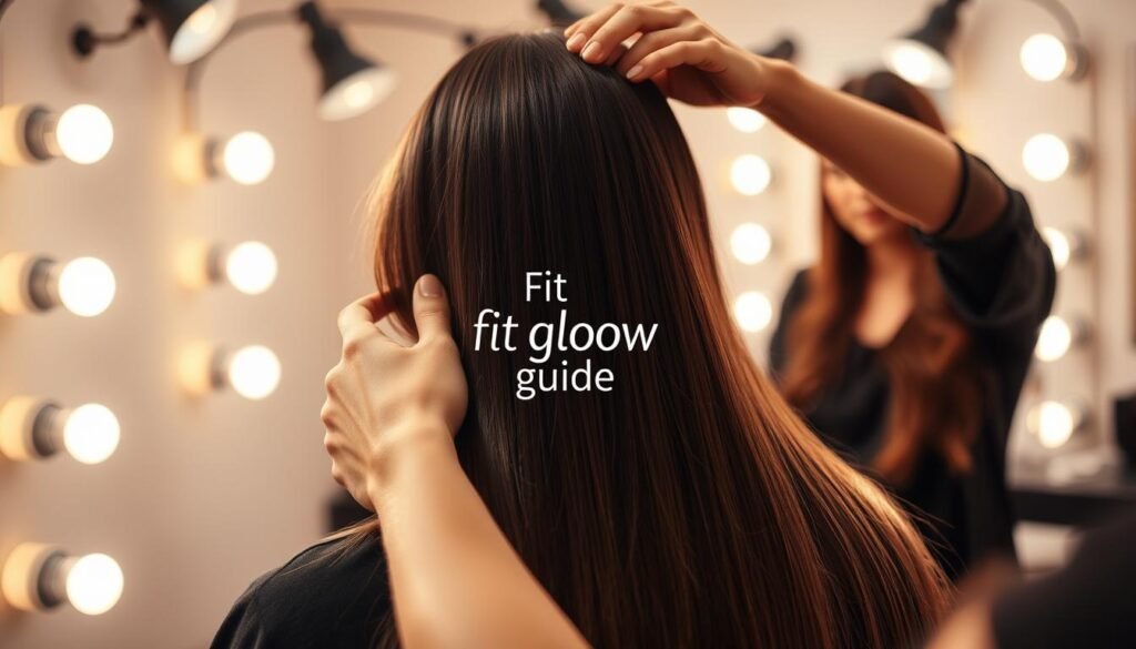 A Well-Lit Studio Setting, The Focus Centered On A Hairstylist'S Hands As They Carefully Apply Hair Extensions. The Model'S Hair Is Laid Out Neatly, The Extensions Seamlessly Blending In With Their Natural Locks. Soft, Diffused Lighting From Multiple Angles Creates A Warm, Professional Atmosphere. The Fit Glow Guide Logo Is Subtly Placed In The Background, Conveying A Sense Of Expertise And Authority. The Overall Scene Captures The Intricate Process Of Hair Extension Application, Showcasing The Skill And Precision Required For This Specialized Service.