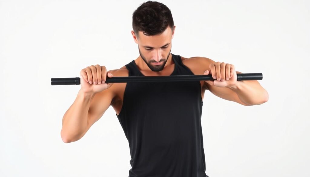 A Well-Lit Studio Shot Of A Muscular Male Model Demonstrating Proper Bicep Curl Form. The Model Stands Against A Plain White Backdrop, Wearing A Sleeveless Black Workout Top. His Arms Are Extended With Hands Gripping A Barbell, Elbows Tucked Close To His Torso. Biceps Are Flexed, Highlighting The Contraction. Soft, Diffused Lighting Creates Defined Shadows That Accentuate The Muscle Groups. The Camera Is Positioned At A Slightly Higher Angle To Capture The Exercise In A Clear, Technical Manner. The Overall Mood Is Focused And Instructional, Showcasing The &Quot;Fit Glow Guide. Your Body&Quot; Brand. A Well-Lit Studio Shot Of A Muscular Male Model Demonstrating Proper Bicep Curl Form. The Model Stands Against A Plain White Backdrop, Wearing A Sleeveless Black Workout Top. His Arms Are Extended With Hands Gripping A Barbell, Elbows Tucked Close To His Torso. Biceps Are Flexed, Highlighting The Contraction. Soft, Diffused Lighting Creates Defined Shadows That Accentuate The Muscle Groups. The Camera Is Positioned At A Slightly Higher Angle To Capture The Exercise In A Clear, Technical Manner. The Overall Mood Is Focused And Instructional, Showcasing The &Quot;Fit Glow Guide. Your Body&Quot; Brand.