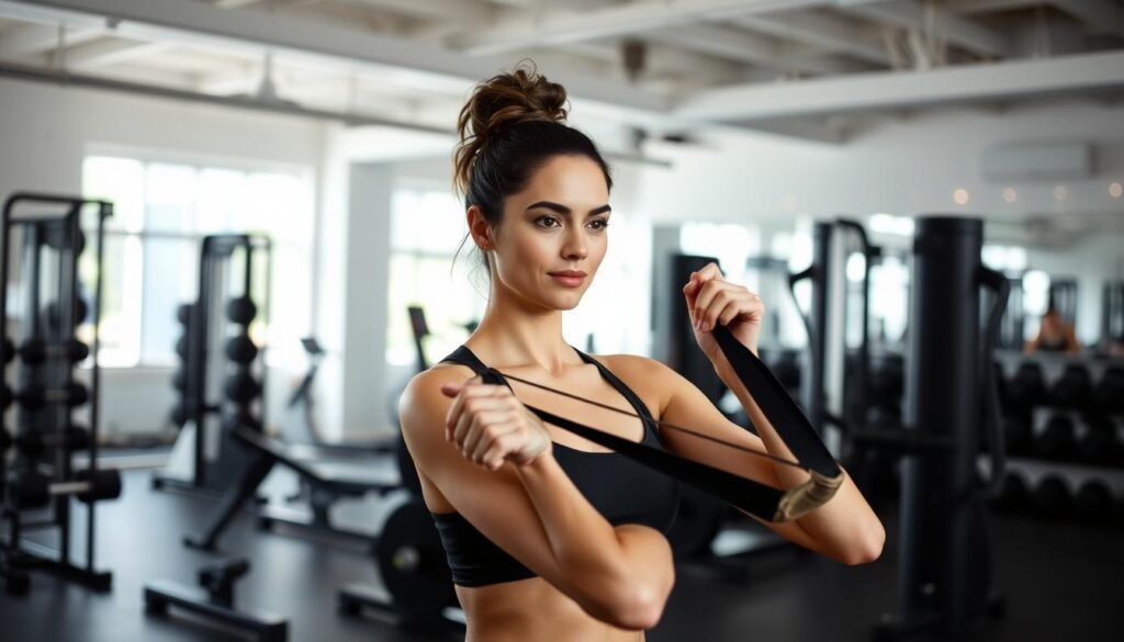 A Woman In A Gym, Performing Strength Training Exercises To Improve Skin Firmness. In The Foreground, She Is Using Resistance Bands, With A Focused Expression On Her Face. The Middle Ground Shows A Variety Of Free Weights And Exercise Equipment, Creating A Well-Equipped Gym Setting. The Background Features Bright, Natural Lighting, And Clean, Modern Decor, Conveying A Sense Of Wellness And Vitality. The Overall Atmosphere Is One Of Empowerment And Dedication, Showcasing The &Quot;Fit Glow Guide&Quot; Approach To Gradual Weight Loss And Building Muscle For Firm Skin.