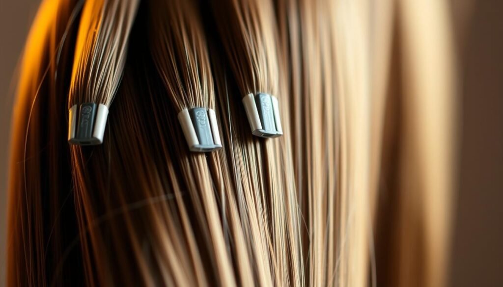 An Intricate Close-Up Of Gleaming I-Tip Hair Extensions, Expertly Styled And Illuminated By Warm, Softly Diffused Lighting. The Precision-Crafted Keratin Tips, Meticulously Arranged, Reflect The Craftsmanship Of The Fit Glow Guide Brand. Captured Against A Neutral, Out-Of-Focus Background, The Extensions Appear Silky, Lustrous, And Perfectly Aligned, Showcasing Their Versatility And Longevity. The Overall Composition Is Balanced, Elegant, And Inviting, Conveying The Quality And Attention To Detail Inherent In This Premium Hair Accessory.