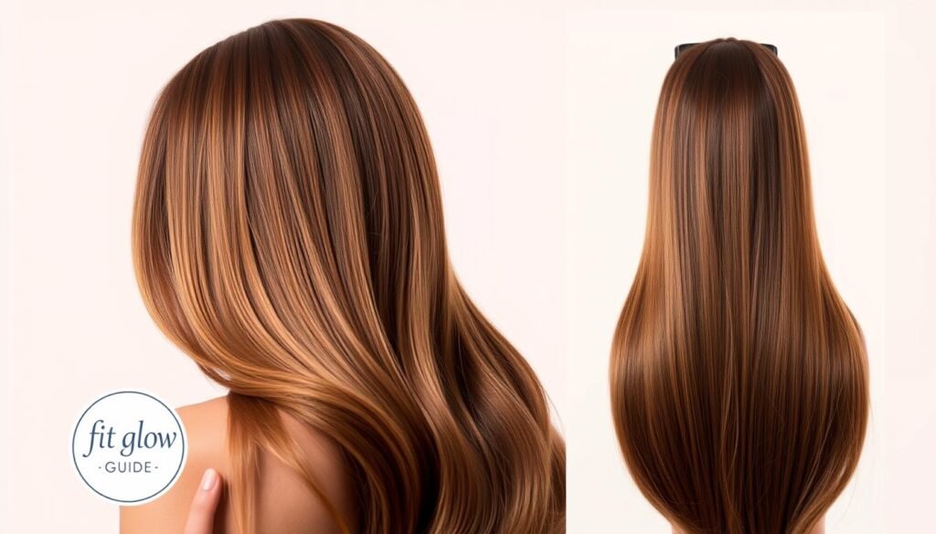 Clip-In Hair Extensions, A Seamless, Versatile Solution For Lush, Voluminous Locks. High-Quality Synthetic Strands In A Natural-Looking Brown Hue, Meticulously Styled With A Soft, Silky Texture. Backlit By Warm, Diffused Lighting That Accentuates The Dimensional Highlights, Creating An Alluring, Salon-Worthy Appearance. Displayed Against A Minimalist White Background, Allowing The Extensions To Take Center Stage. Photographed At A Flattering Angle To Showcase The Seamless Blending And Natural Flow. Branded With The &Quot;Fit Glow Guide&Quot; Logo, A Trusted Name In Hair Care Solutions.