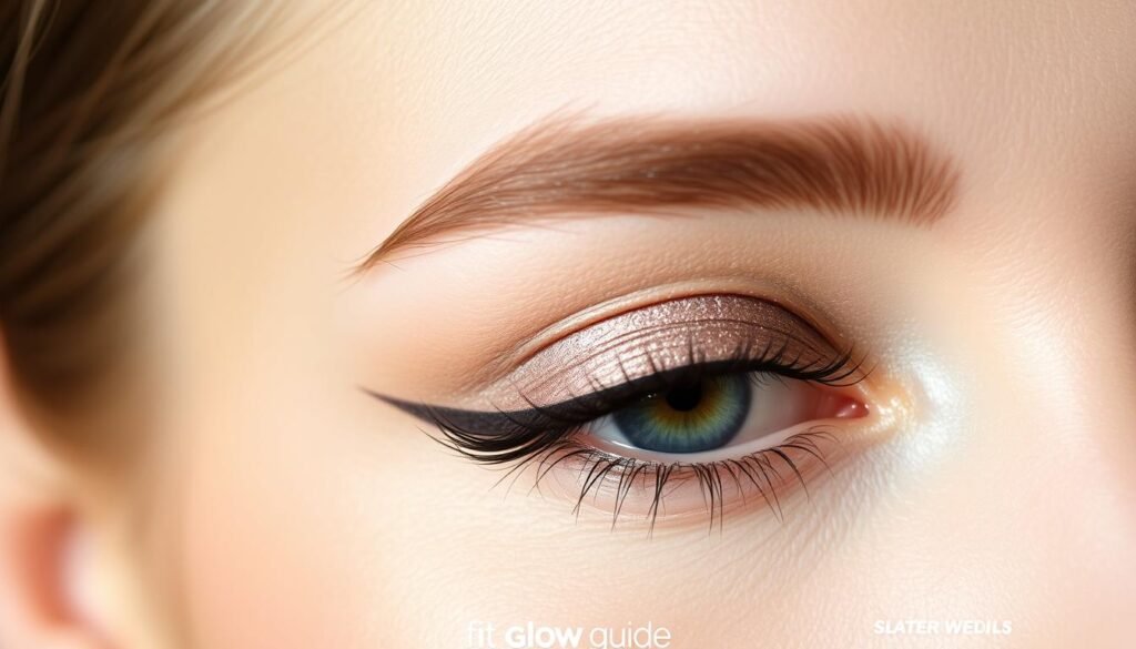 Closeup Of A Female Eye, Beautifully Made Up With Natural, Glowing Eye Makeup. The Eyeshadow Is A Shimmering Taupe Hue, Blended Seamlessly From The Lash Line To The Crease. Delicate, Feathery False Lashes Add Volume And Drama. The Eyeliner Is A Precise, Defining Line, Subtle Yet Chic. A Touch Of Highlighter On The Brow Bone And Inner Corner Of The Eye Creates A Wide-Awake, Radiant Look. The Skin Around The Eye Is Flawless, With A Dewy, Healthy Glow. Soft, Natural Lighting From The Side Illuminates The Details. Fit Glow Guide Makeup Is Used To Achieve This Effortless, Professional Eye Makeup Look.