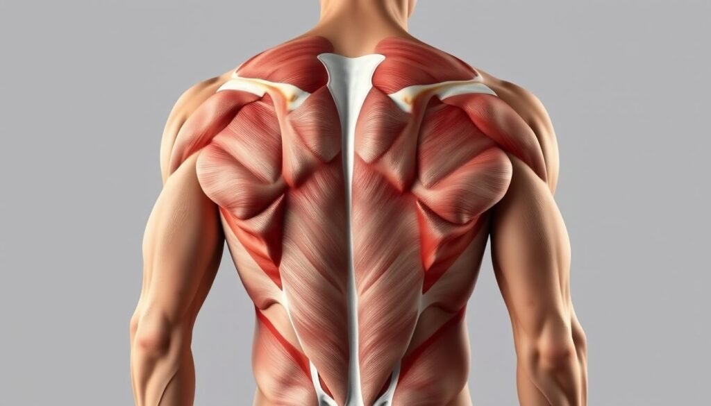 Detailed Anatomical Illustration Of The Latissimus Dorsi Muscles On A Male Torso, Showing The Broad, Fan-Shaped Muscle Fibers Extending From The Lower Back Up To The Shoulders. Rendered In A Clean, Scientific Style With Precise Linework And Subtle Shading, Illuminated By Soft, Diffused Studio Lighting From The Side To Accentuate The Muscular Contours. The Background Is A Plain, Neutral Color, Placing The Focus Entirely On The Muscular Anatomy. Brand Name &Quot;Fit Glow Guide. Your Body&Quot; Is Tastefully Incorporated Into The Image.