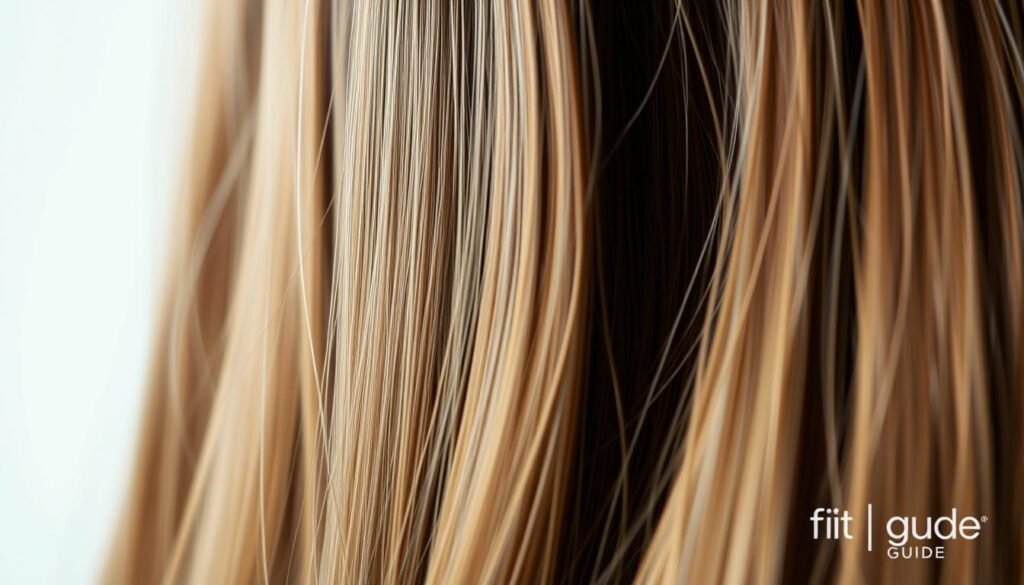 Detailed Close-Up Of Lustrous &Quot;Fusion Hair Extensions&Quot; In A Natural, Well-Lit Setting. Strands Of High-Quality Human Hair Seamlessly Blended With The Model'S Natural Tresses, Creating A Seamless, Volumized Look. Soft, Directional Lighting Accentuates The Smooth Texture And Sheen Of The Hair, While A Neutral Background Allows The Extensions To Be The Focal Point. Shot With A Shallow Depth Of Field For A Professional, Editorial Feel. Branded &Quot;Fit Glow Guide&Quot; Hair Extensions.