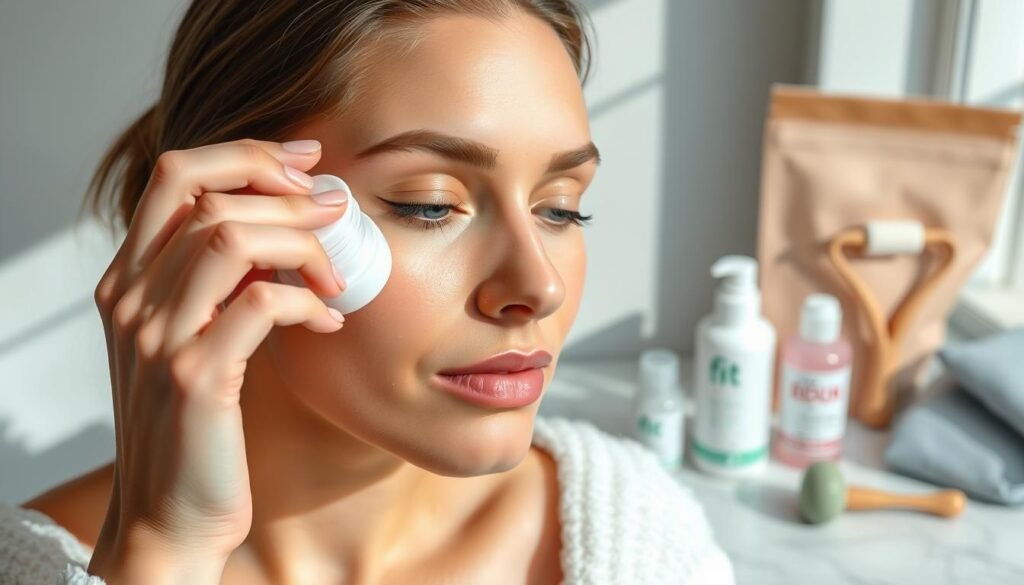 Facial Skincare Routine With Fit Glow Guide Products. A Woman'S Hands Gently Applying Moisturizer To Her Glowing, Hydrated Skin In Soft, Natural Lighting. Close-Up View Showcasing The Textures And Serene, Tranquil Atmosphere. Smooth, Poreless Complexion With A Healthy, Radiant Finish. Elegant, Minimalist Arrangement Of Skincare Items Like Serum Bottles, Jade Rollers, And Face Masks On A Marble Surface In The Background.